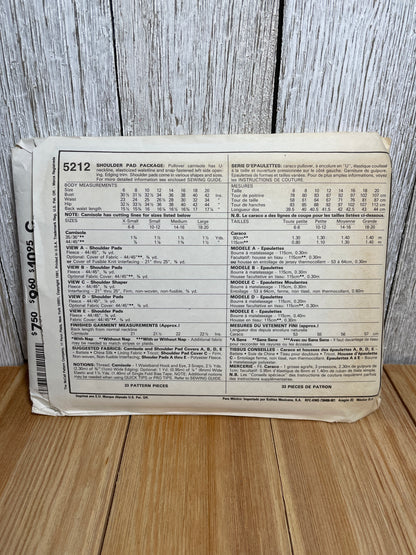 McCall's 5212 Shoulder Pad Package Plus Two Camisoles Size 6-20 Pattern Uncut FF