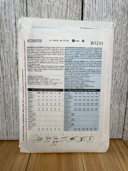 Butterick B5233 Historic Footwear Pattern Leather Boots, Moccasins, Slippers, Sandals Size 5"-13" UNCUT FF