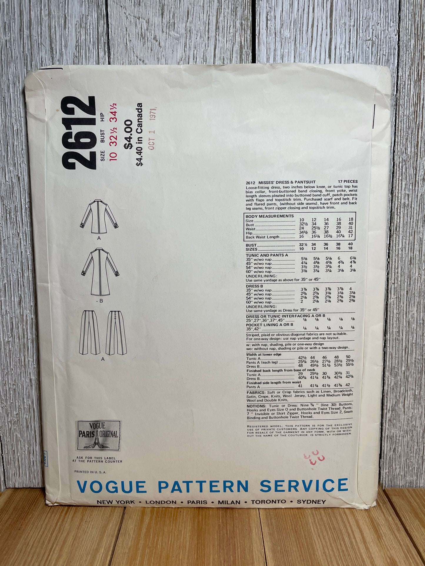 Vogue 2612 Lose Fit Dress, Jacket, and Pants Button Down with Pockets Size 10 Pattern UNCUT FF