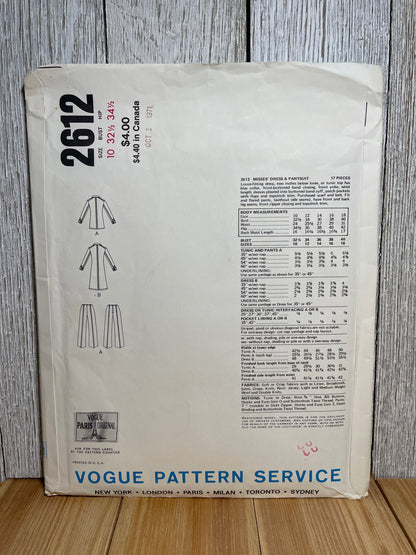 Vogue 2612 Lose Fit Dress, Jacket, and Pants Button Down with Pockets Size 10 Pattern UNCUT FF