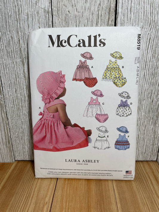 McCall's M8519 Infants Dress Romper Panties and Hat Laura Ashley Size S-XL Pattern Uncut FF