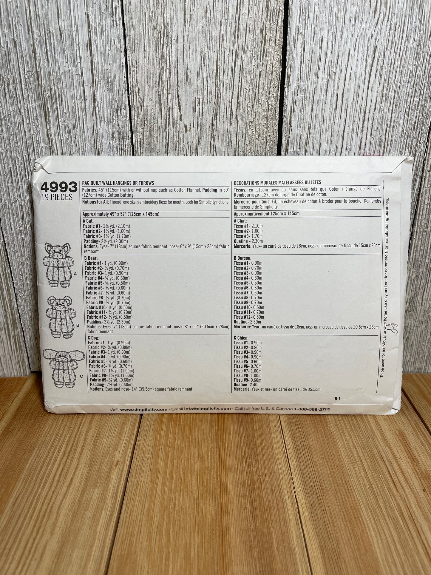 Simplicity 4993 Rag Quilt Wall Hanging Throw Dog Cat Bear One Size Pattern UNCUT FF