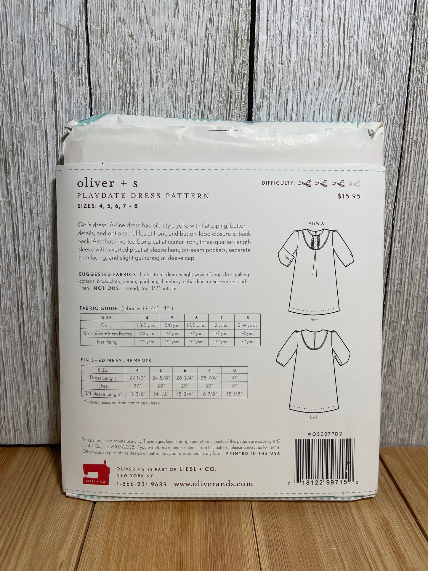 Oliver + S Girls Child Dress and Shorts Physical Pattern (U PIC Pattern) UNCUT FACTORY FOLDED Oliver and S