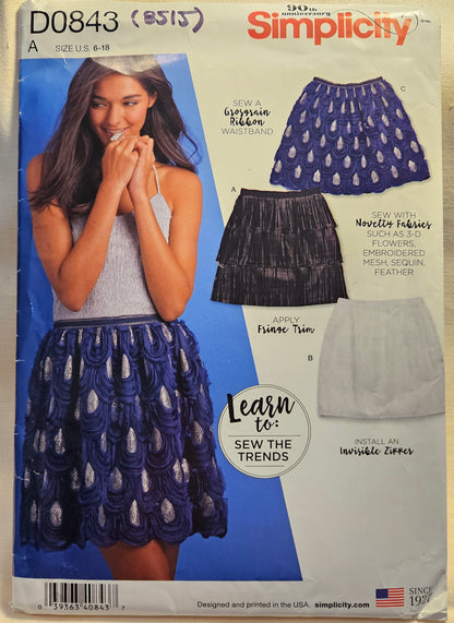 Simplicity #D0843 A misses size 6-18 uncut ff sewing pattern mini skirts