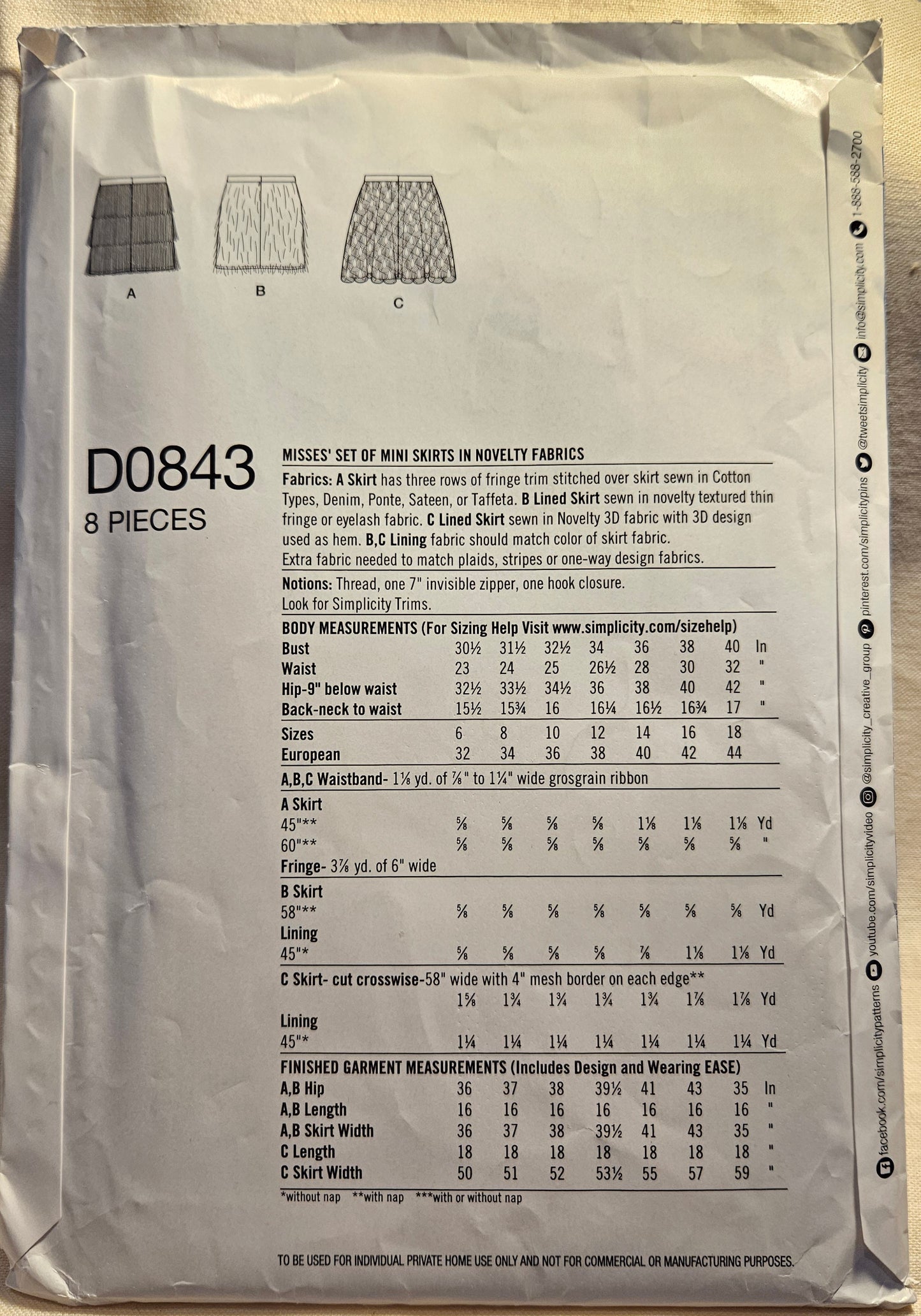 Simplicity #D0843 A misses size 6-18 uncut ff sewing pattern mini skirts