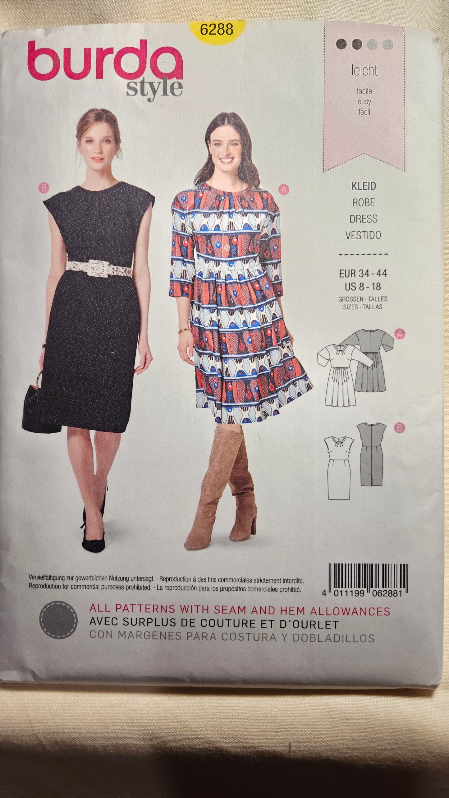 Burda #6288 misses dress sizes 8-18 uncut ff sewing pattern