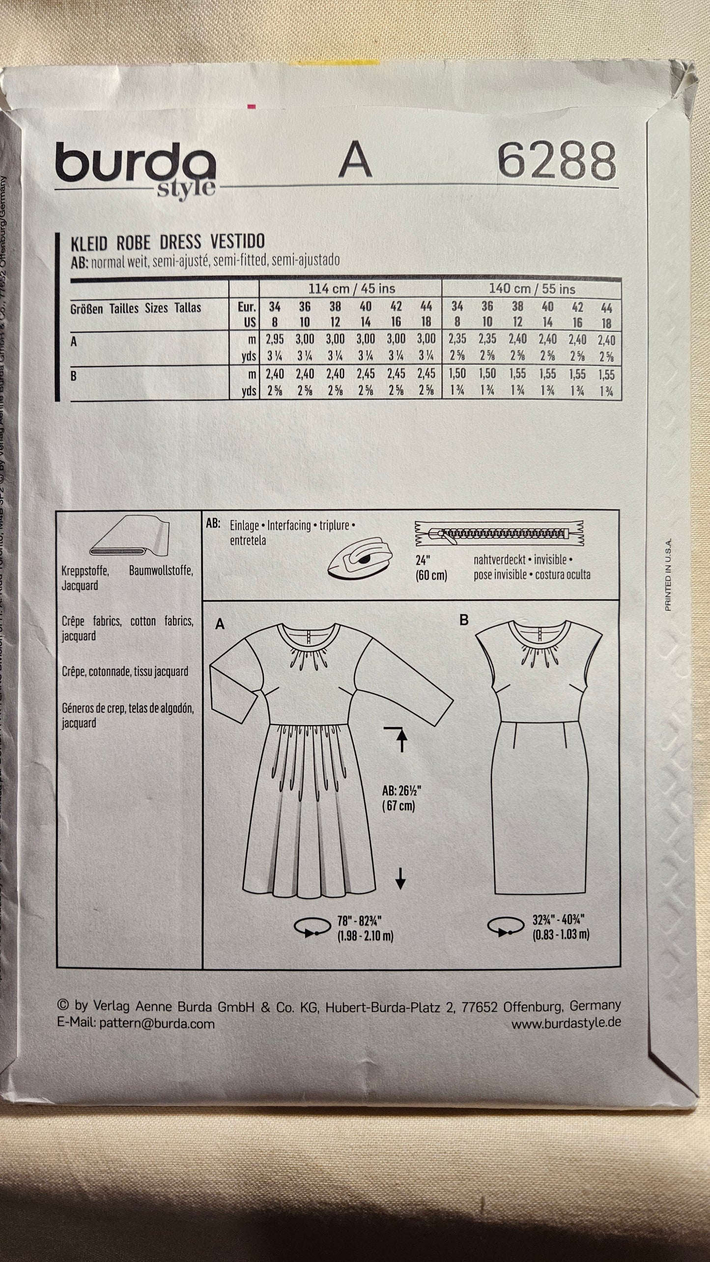 Burda #6288 misses dress sizes 8-18 uncut ff sewing pattern