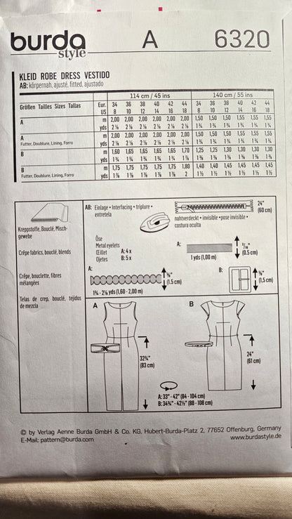 Burda #6320 misses dress sizes 8-18 uncut ff sewing pattern