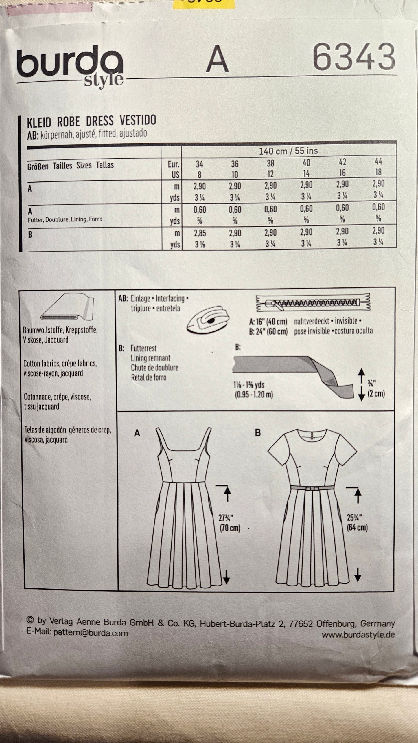 Burda #6343 misses dress sizes 8-18 uncut ff sewing pattern