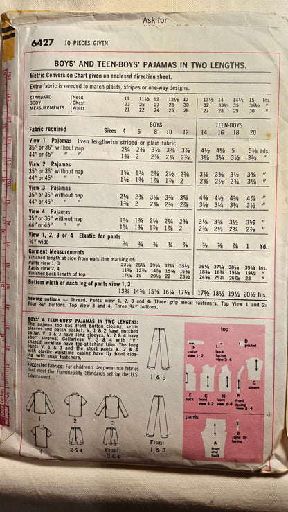Simplicity #6427 boys teen pajamas sizes 10-12 uncut ff sewing pattern