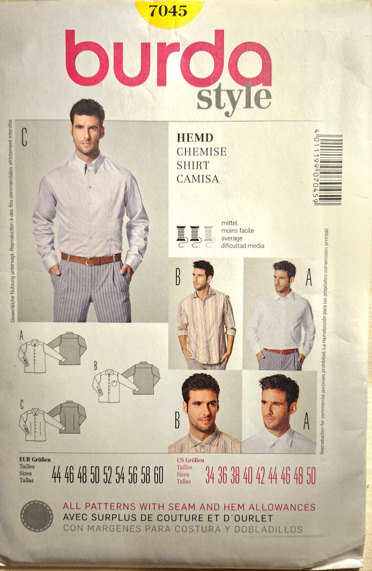 Burda #7045 men's shirt sizes 34-50 uncut ff sewing pattern