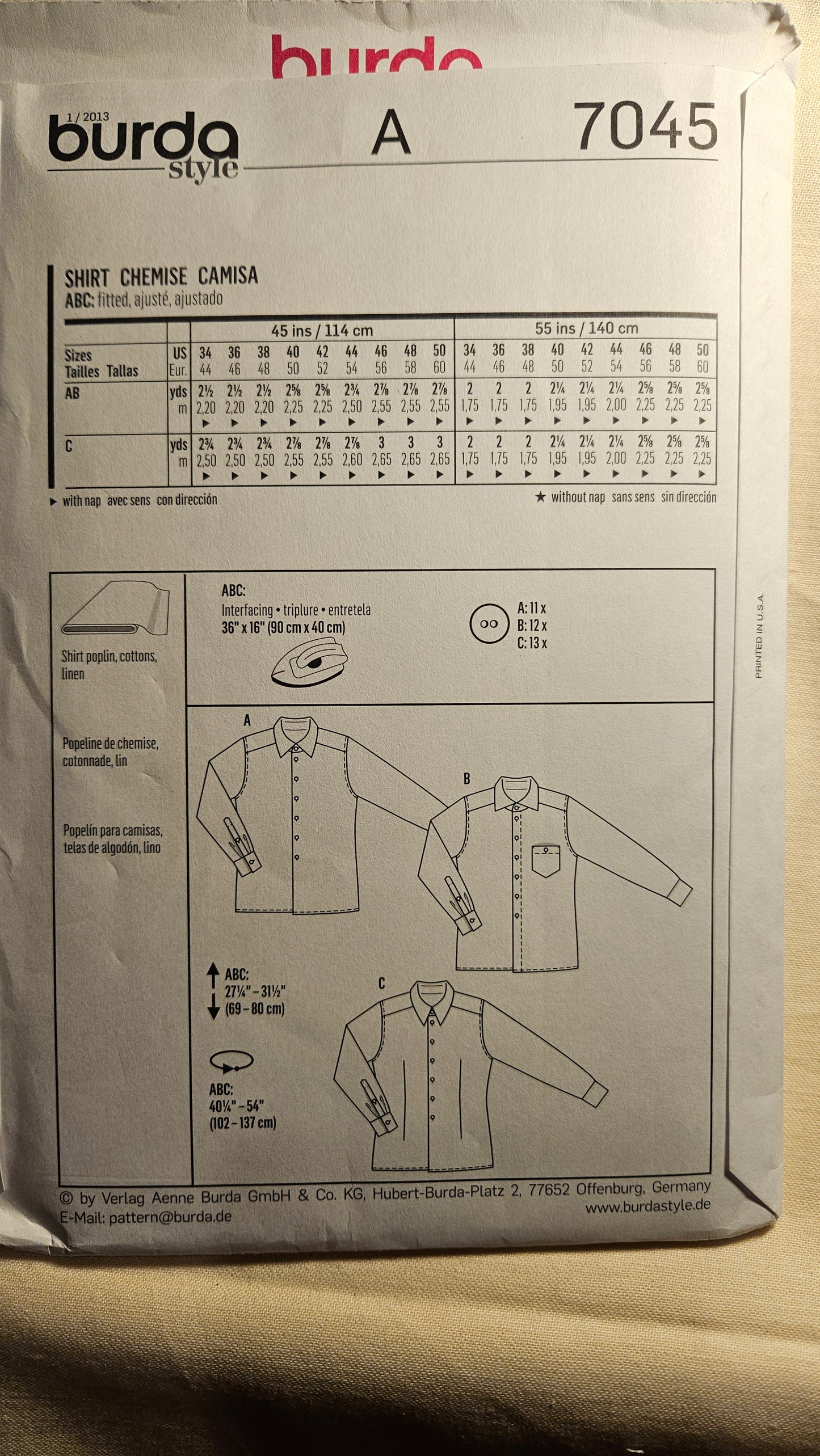 Burda #7045 men's shirt sizes 34-50 uncut ff sewing pattern