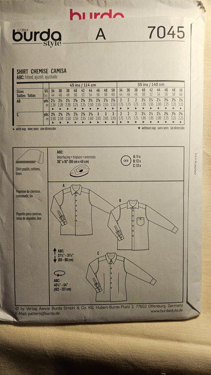 Burda #7045 men's shirt sizes 34-50 uncut ff sewing pattern