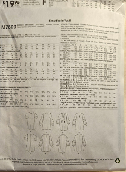 McCall's #M7800 misses dress size A5 6-14 uncut ff sewing pattern