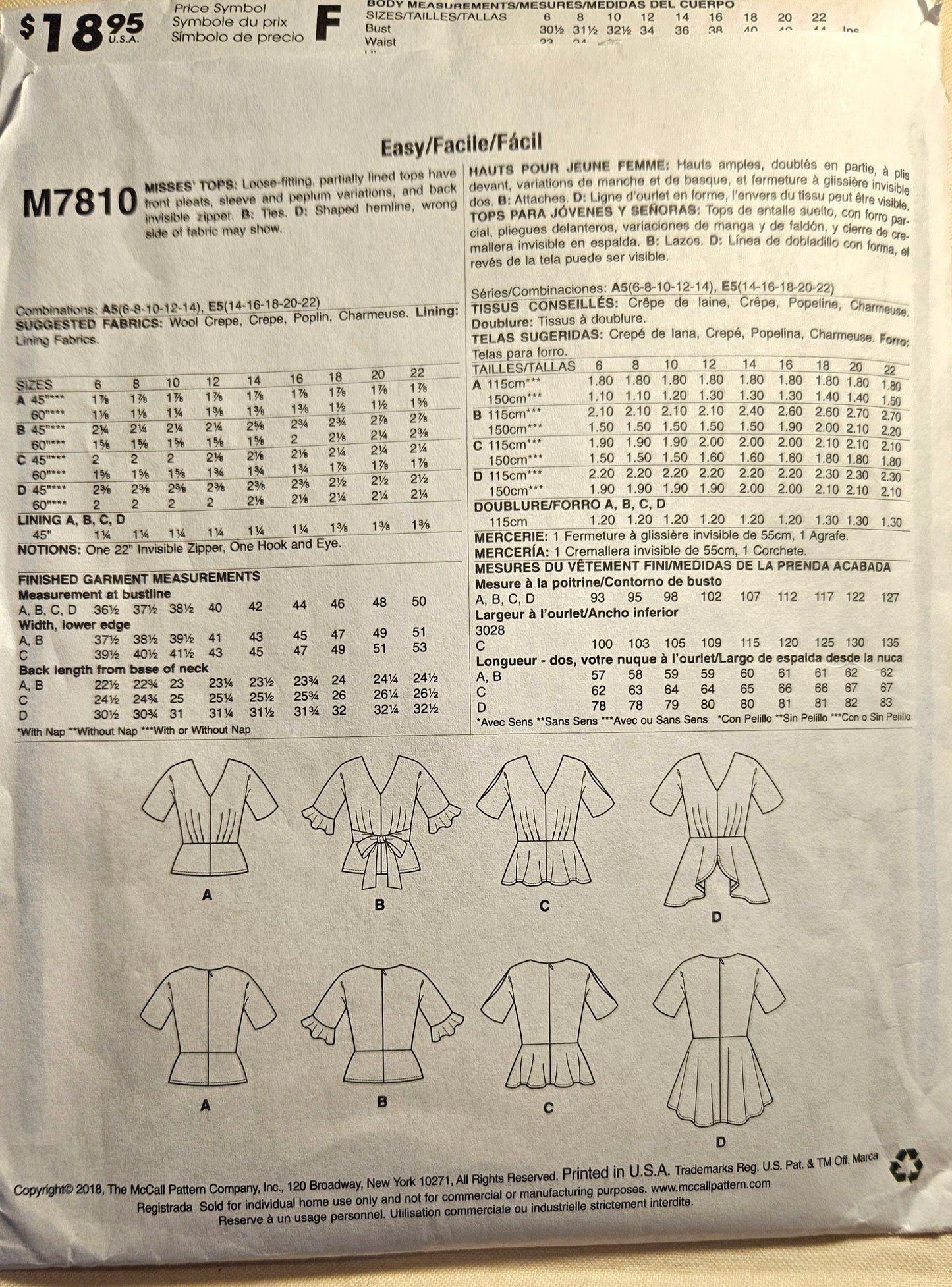 McCall's #M7810 misses top size A5 6-14 uncut ff sewing pattern