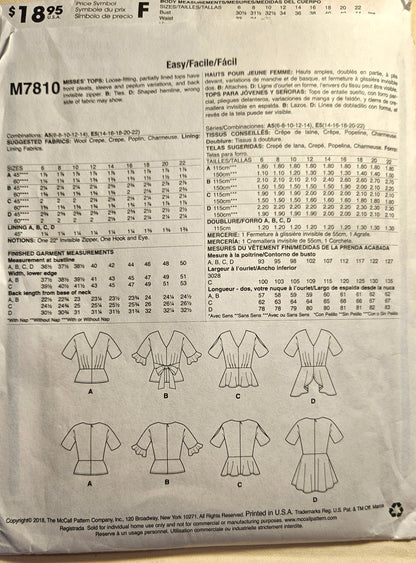 McCall's #M7810 misses top size A5 6-14 uncut ff sewing pattern