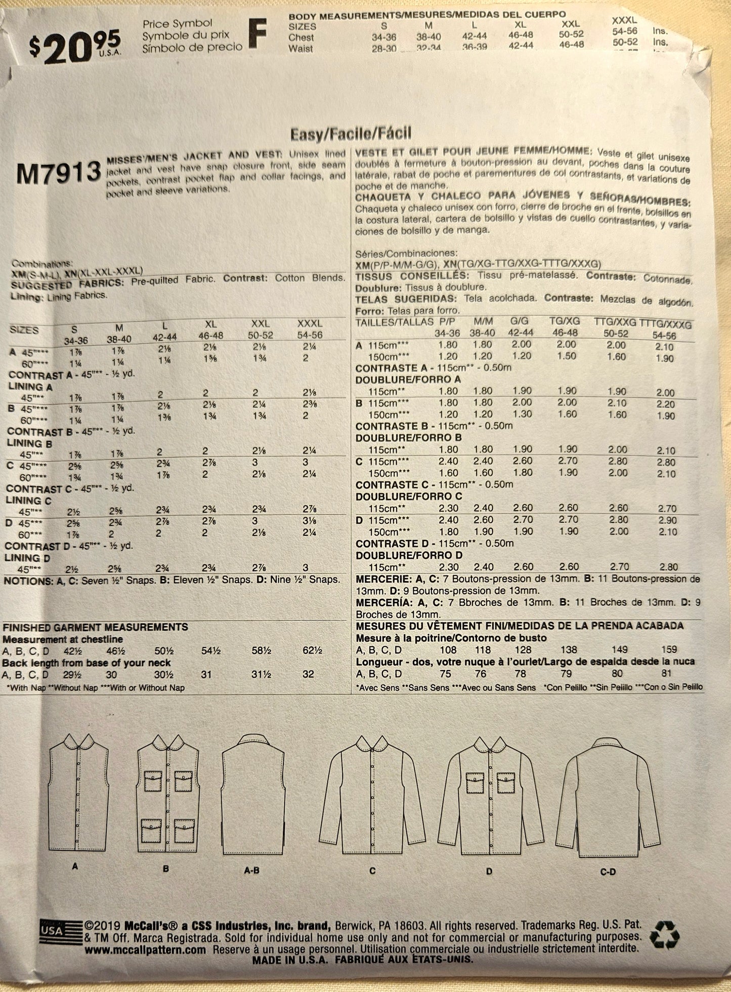 McCall's #M7913 UNISEX sizes XM S-L uncut ff sewing pattern