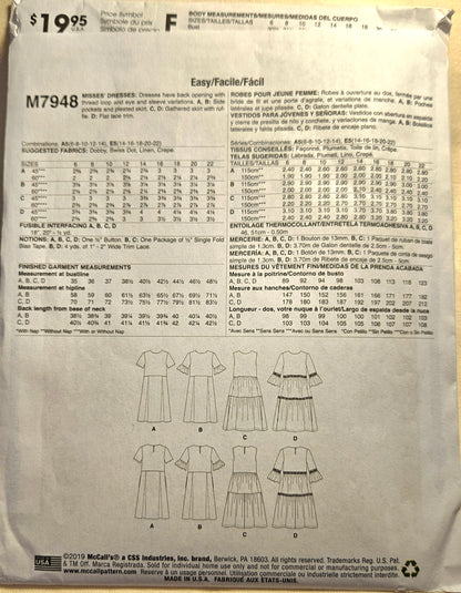 McCall's #M7948 misses dress size A5 6-14 uncut ff sewing pattern