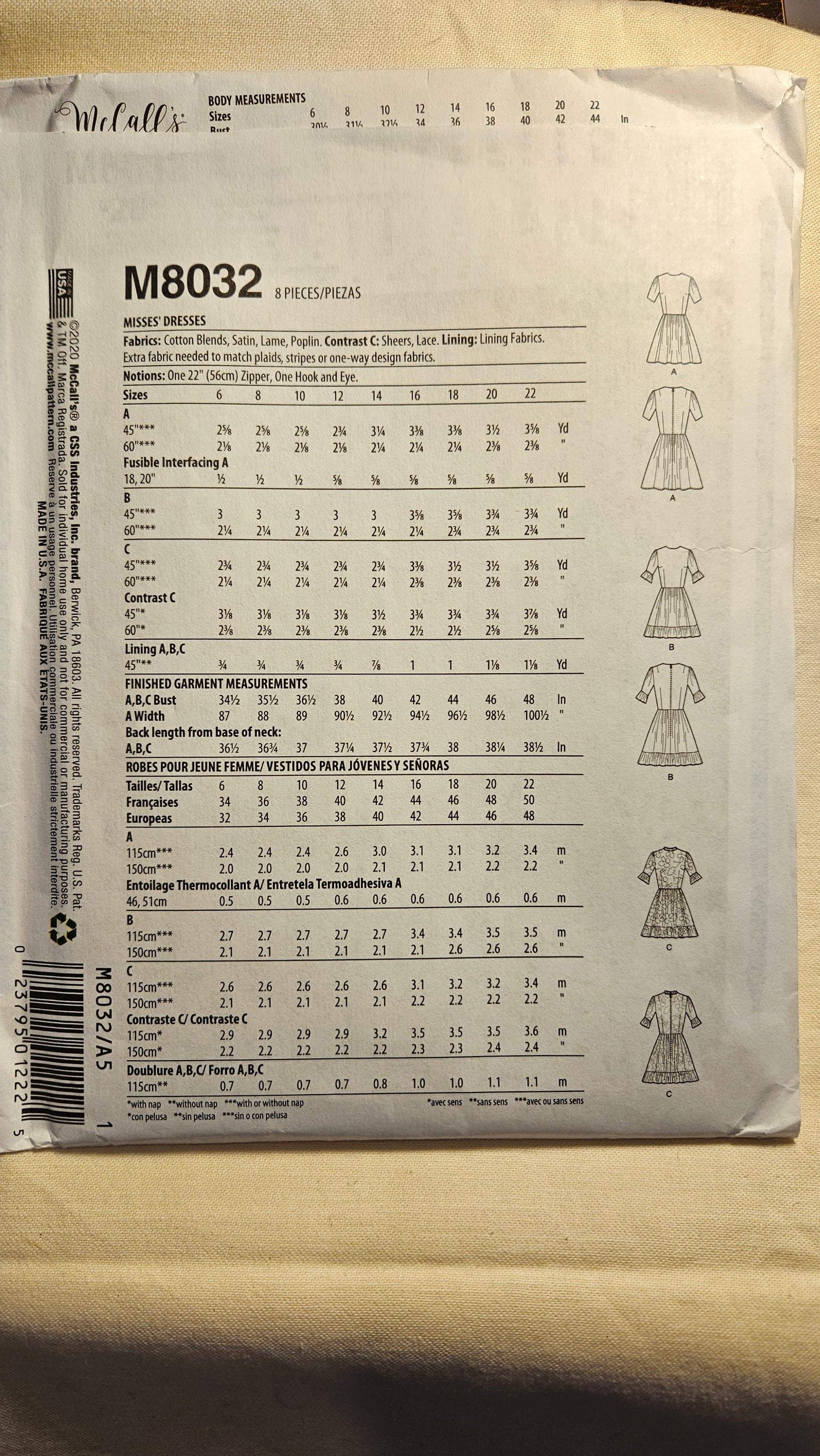 McCall's #M8032 misses dress size A5 6-14 uncut ff sewing pattern