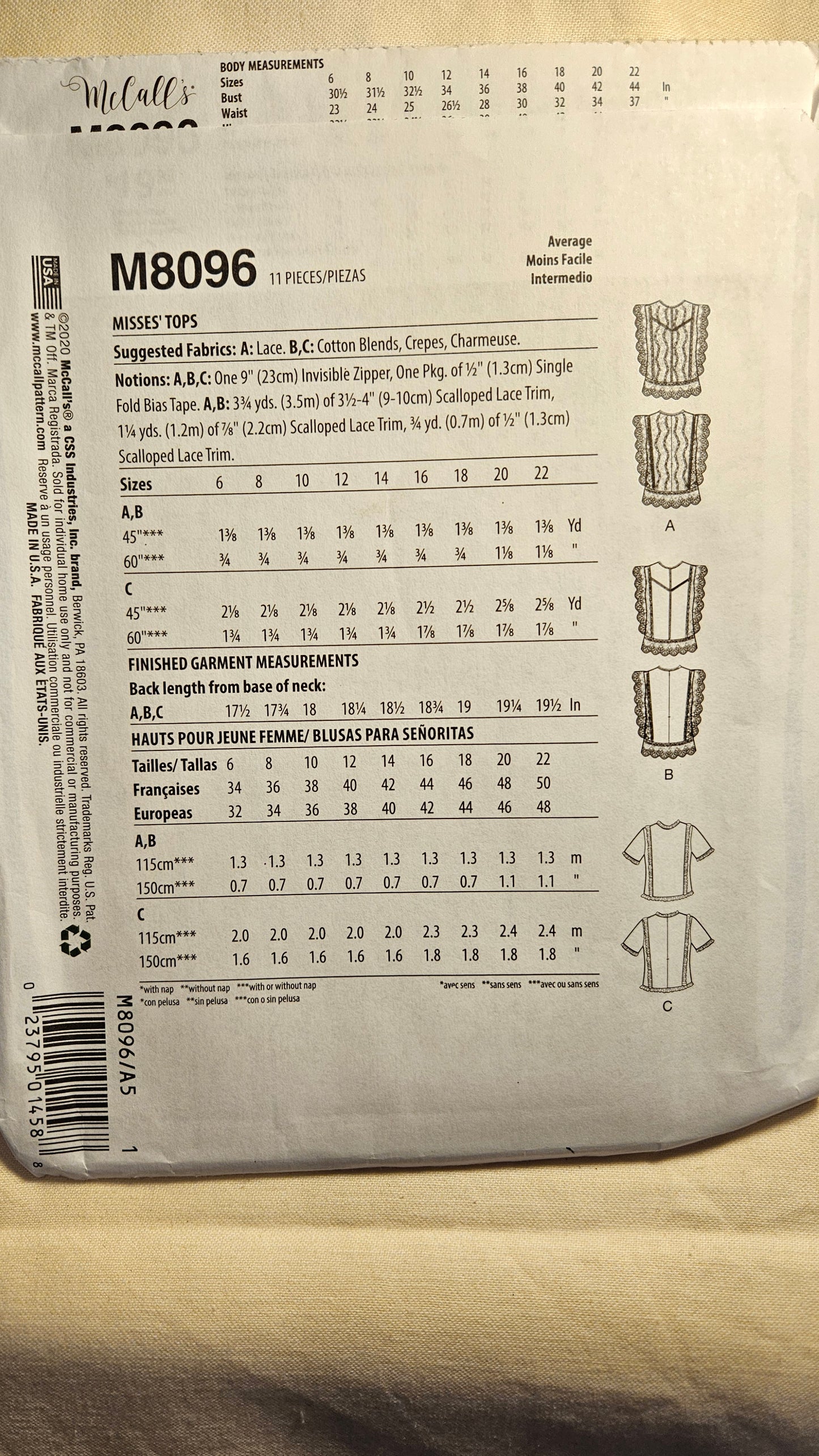 McCall's #M8096 misses top size A5 6-14 uncut ff sewing pattern