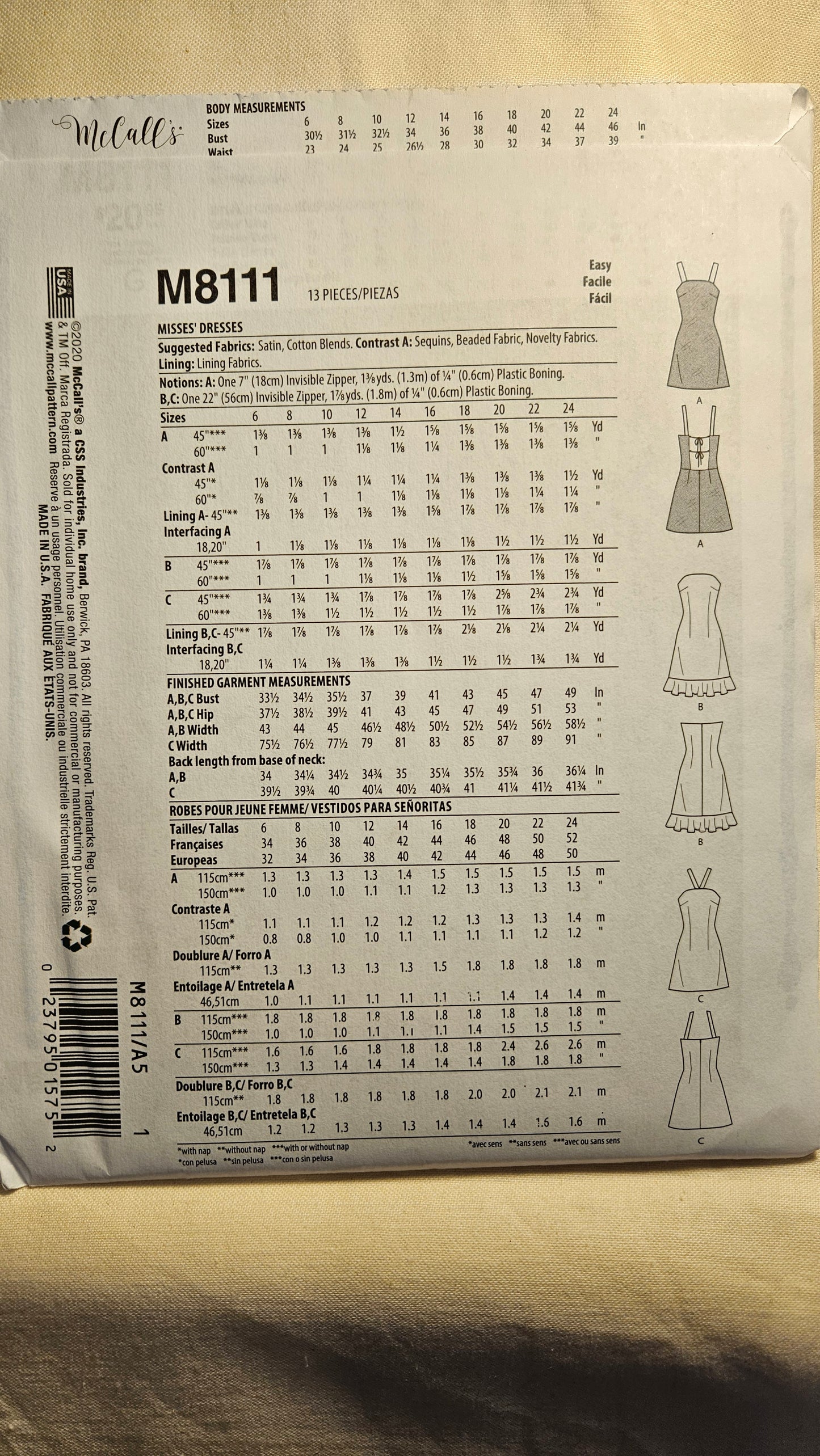 McCall's #M8111 misses dress size A5 6-14 uncut ff sewing pattern