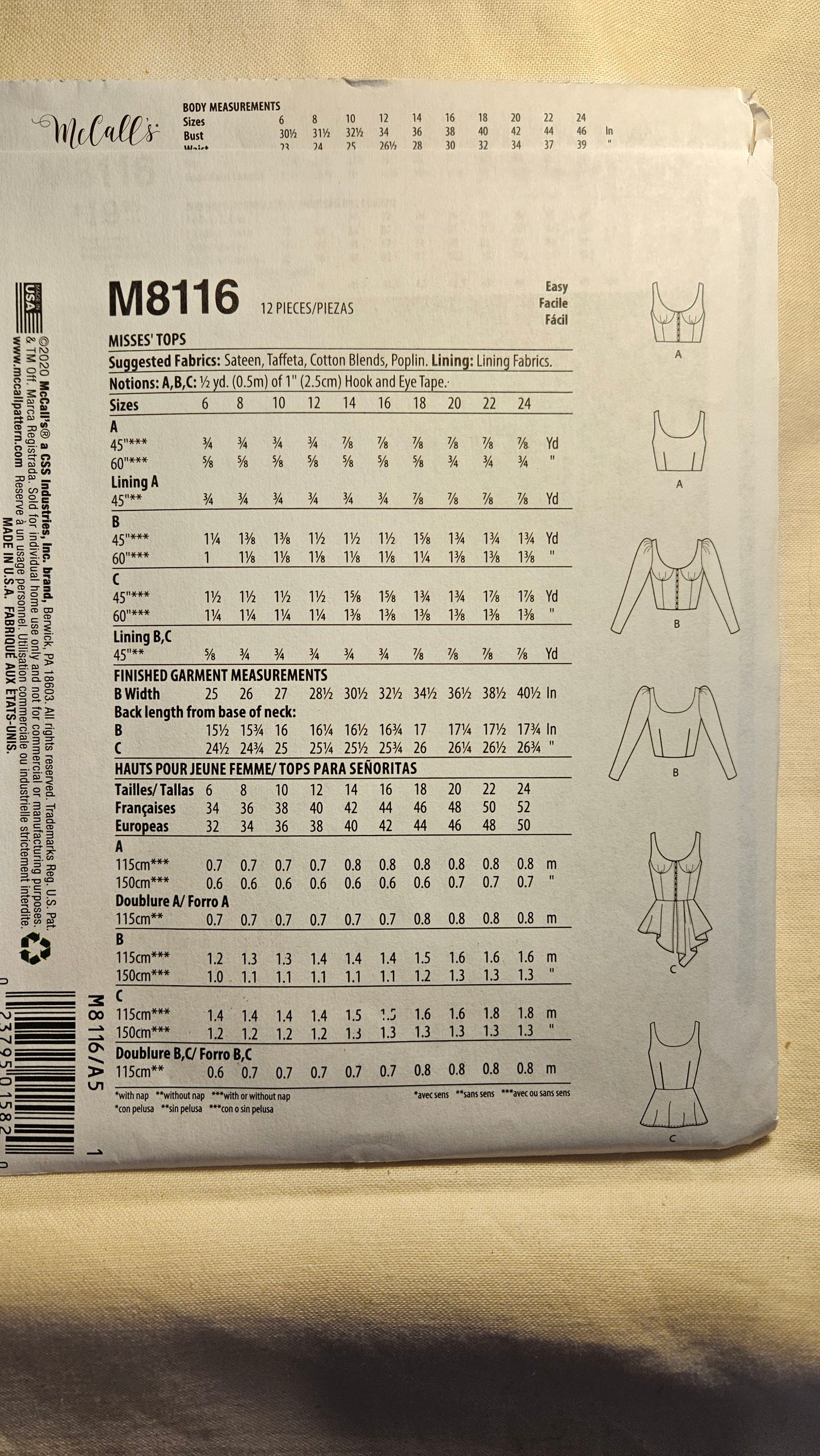 McCall's #M8116 misses top size A5 6-14 uncut ff sewing pattern