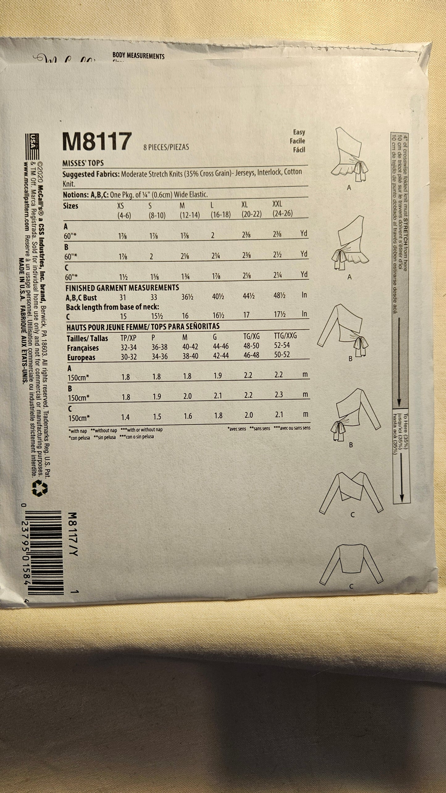 McCall's #M8117 misses size Y XS-M uncut ff sewing pattern