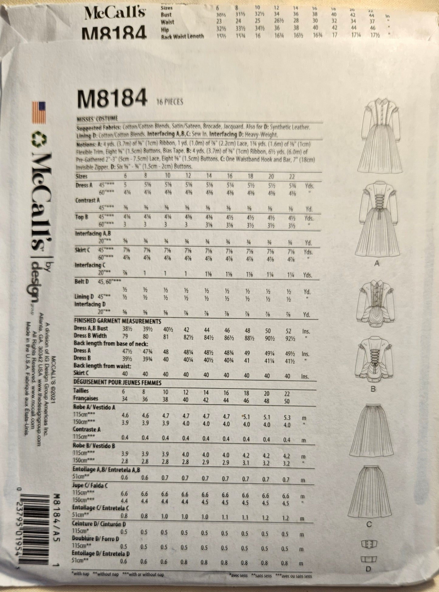 McCall's COSTUMES #M8184 cosplay misses 6-14 uncut ff sewing pattern