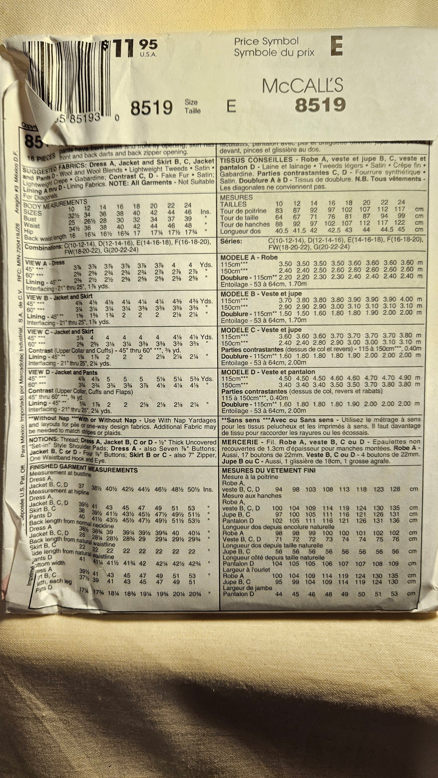 McCall's #8519 misses career size E 14-18 uncut ff sewing pattern