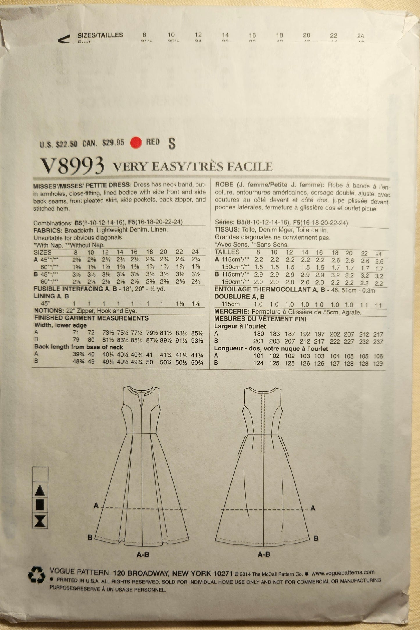 VOGUE #8993 misses dress sizes B5 8-16 uncut ff sewing pattern