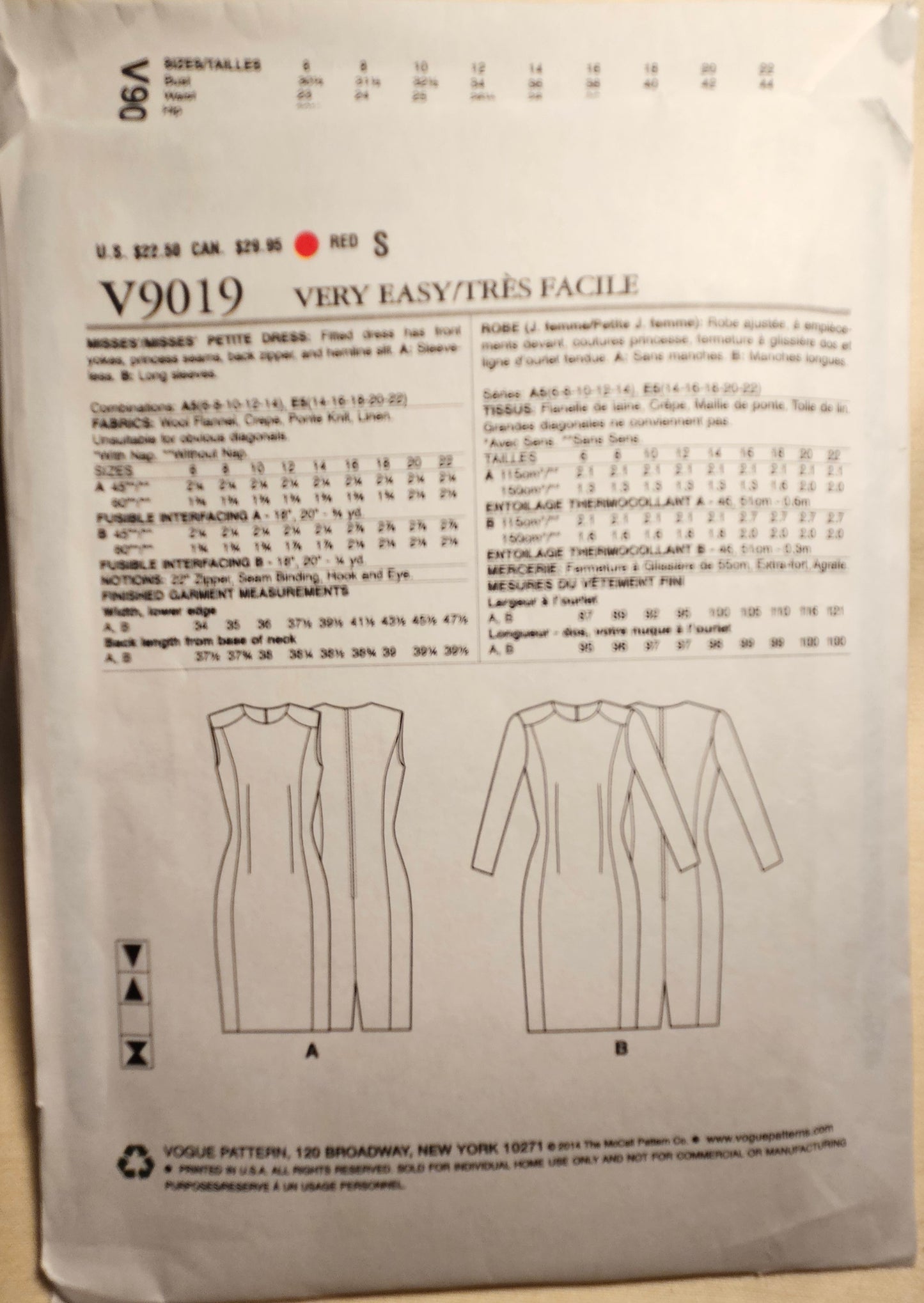 VOGUE #V9019 misses dress sizes A5 6-14 uncut ff sewing pattern