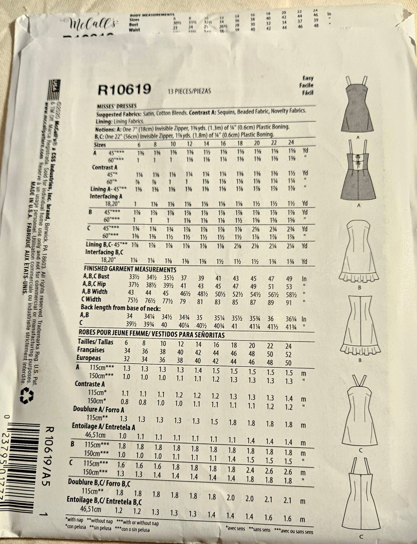 McCall's #R10619 misses dress size A5 6-14 uncut ff sewing pattern