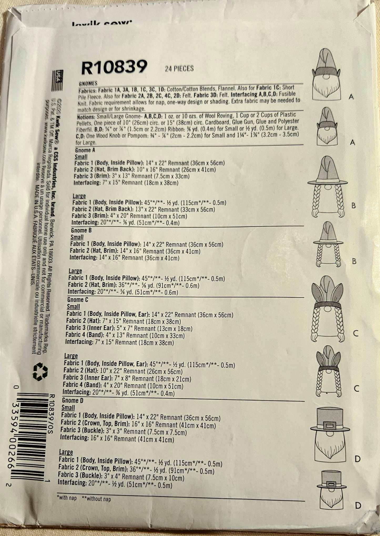 KwikSew #R10839 craft GNOMES uncut ff sewing pattern