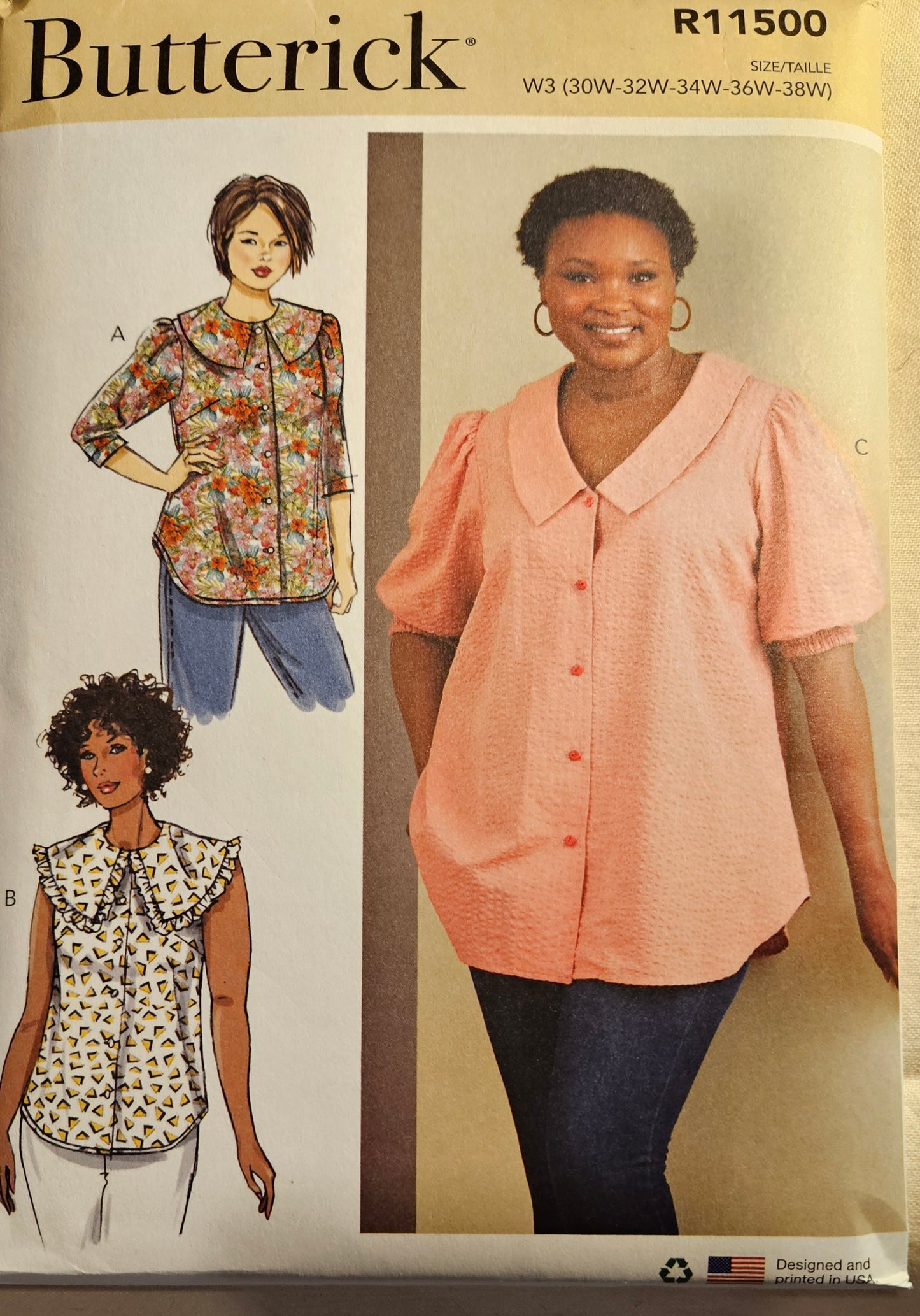 Butterick #R11500 women's top sizes W3 30W-38W uncut ff sewing pattern