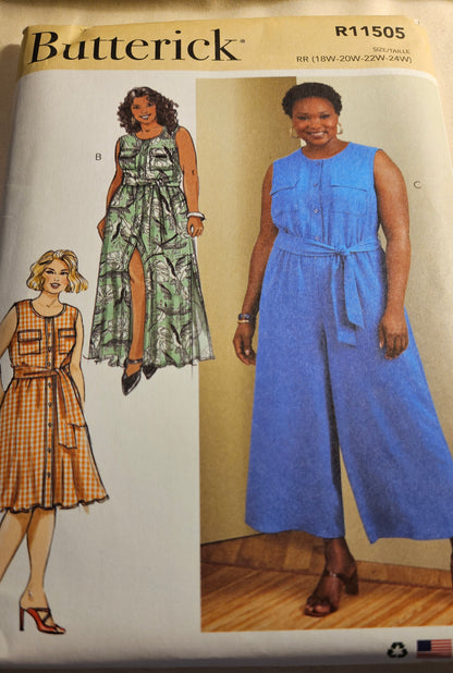 Butterick #R11505 women's dress jumpsuit sizes RR 18W-24W uncut ff sewing pattern