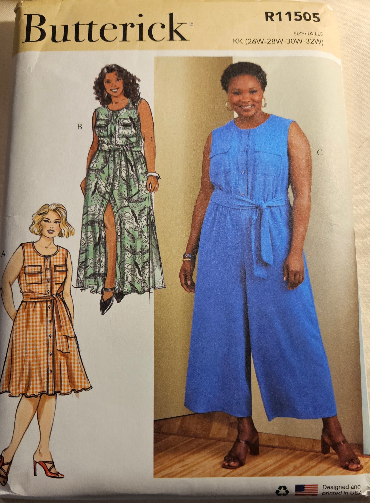 Butterick #R11505 women's dress jumpsuit sizes KK 26W-32W uncut ff sewing pattern