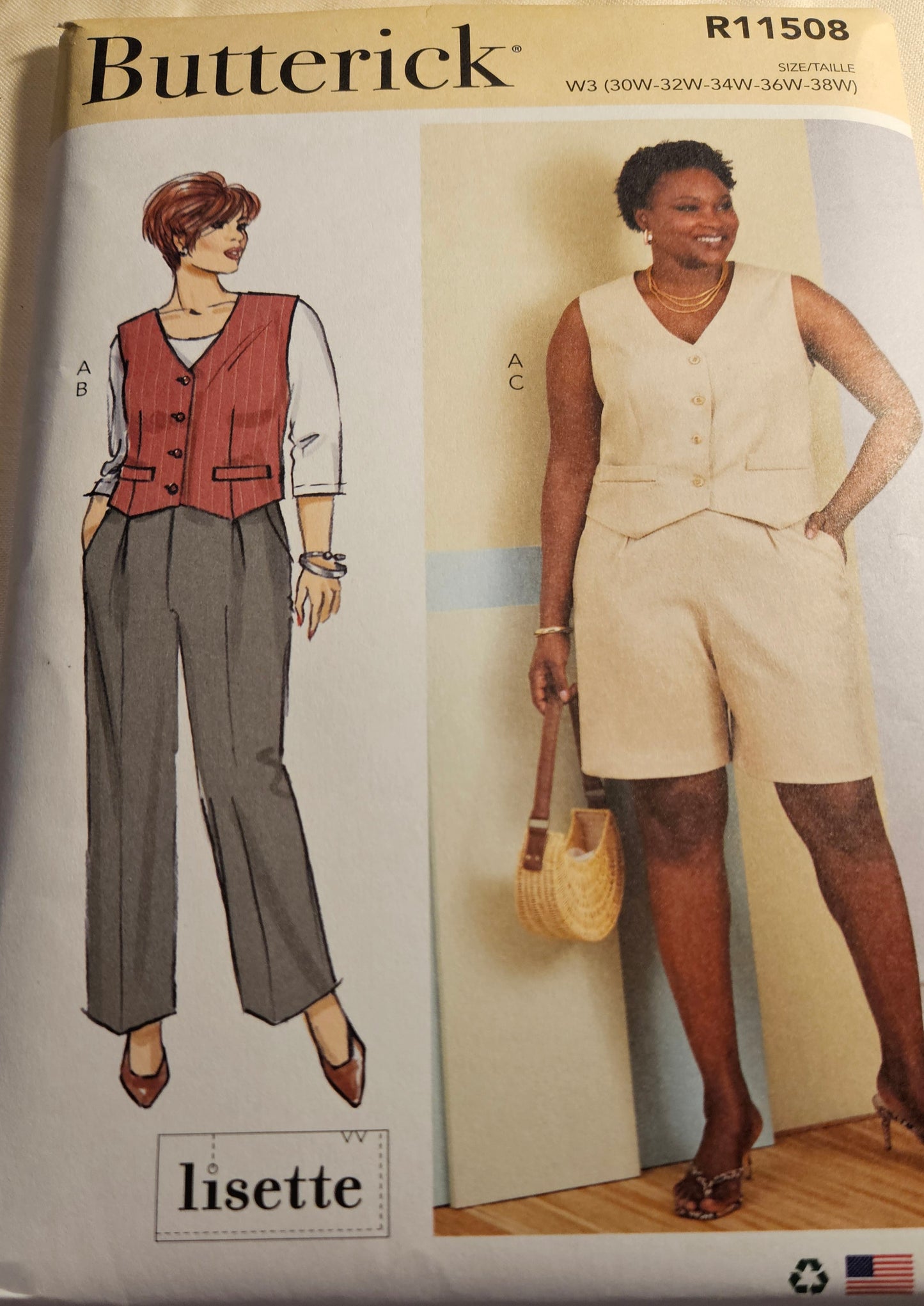 Butterick #R11508 women's vest pants shorts sizes W3 30W-38W uncut ff sewing pattern