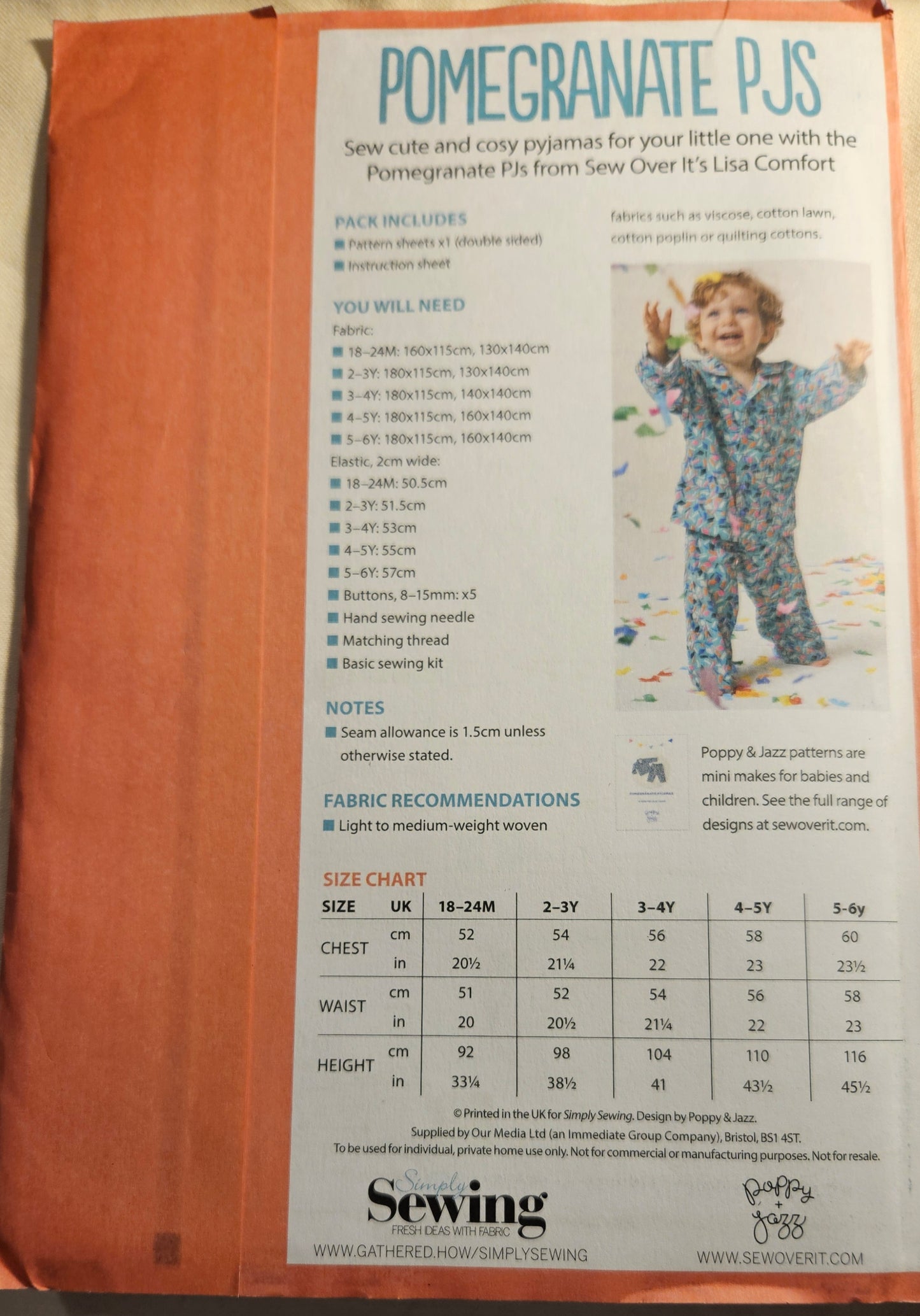 Simply Sewing Pomegranate PJs child size 18m-6y uncut ff sewing pattern