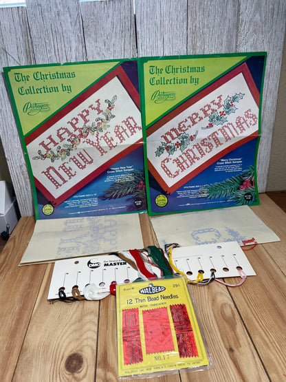 Vintage Merry Christmas and Happy New Year Stamped Cross Stitch Sampler Bundle of 2