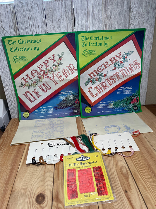 Vintage Merry Christmas and Happy New Year Stamped Cross Stitch Sampler Bundle of 2
