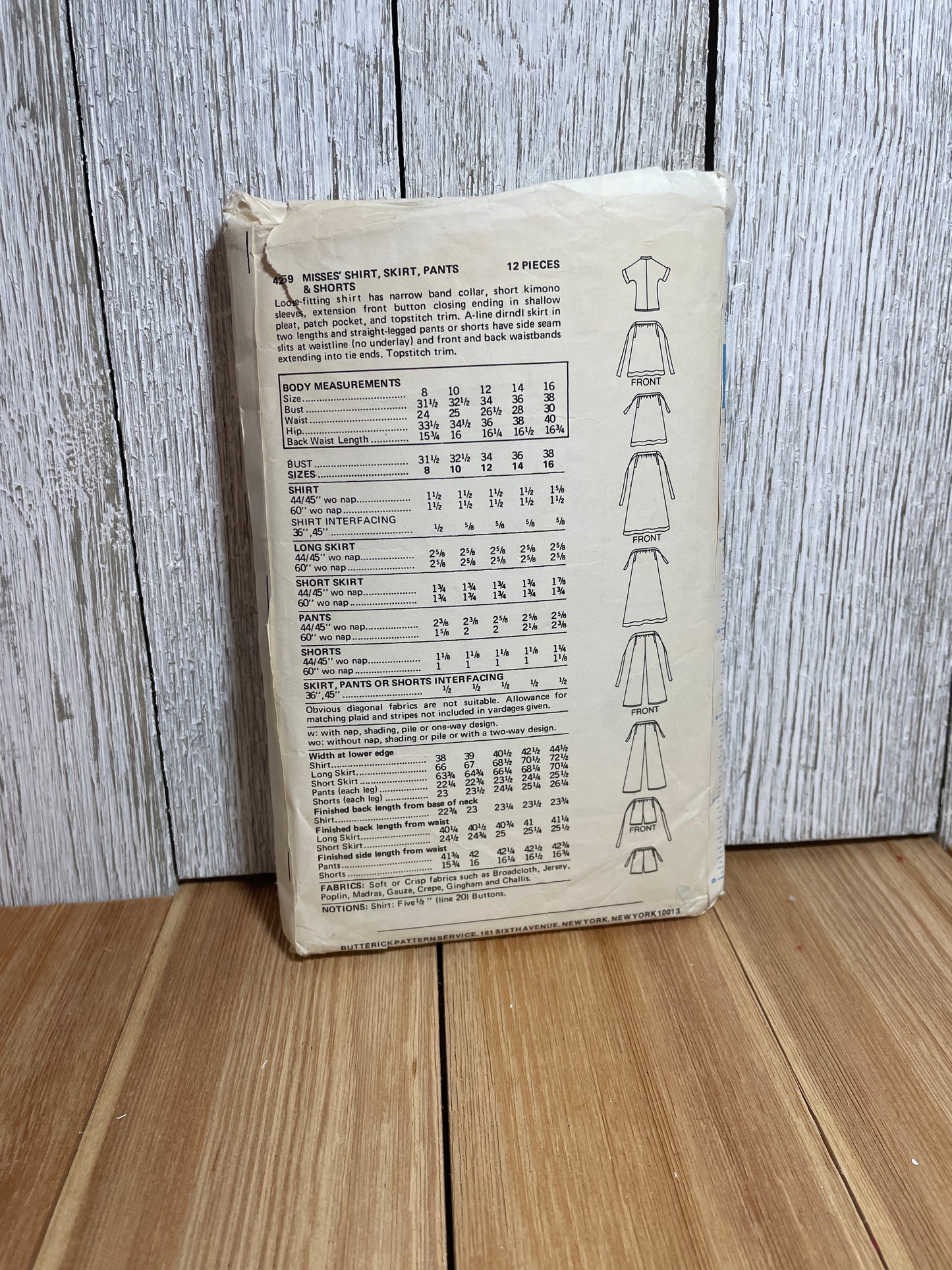 Butterick 4259 Tie Skirt, Panks, Shorts, Shirt Pattern Size 14 PreCUT Complete