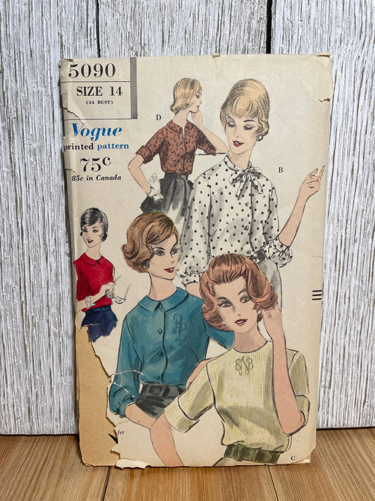 Vogue 5090 Blouse with Neck Tiem Peter Pan Collar, and Monogram Letter Transfer Size 14 Pattern UNCUT FF