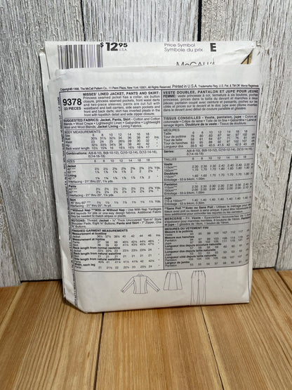 McCall's 9378 Misses Career Jacket, Pants, Skirt, Blouse Size 10-14 Uncut FF Sewing Pattern