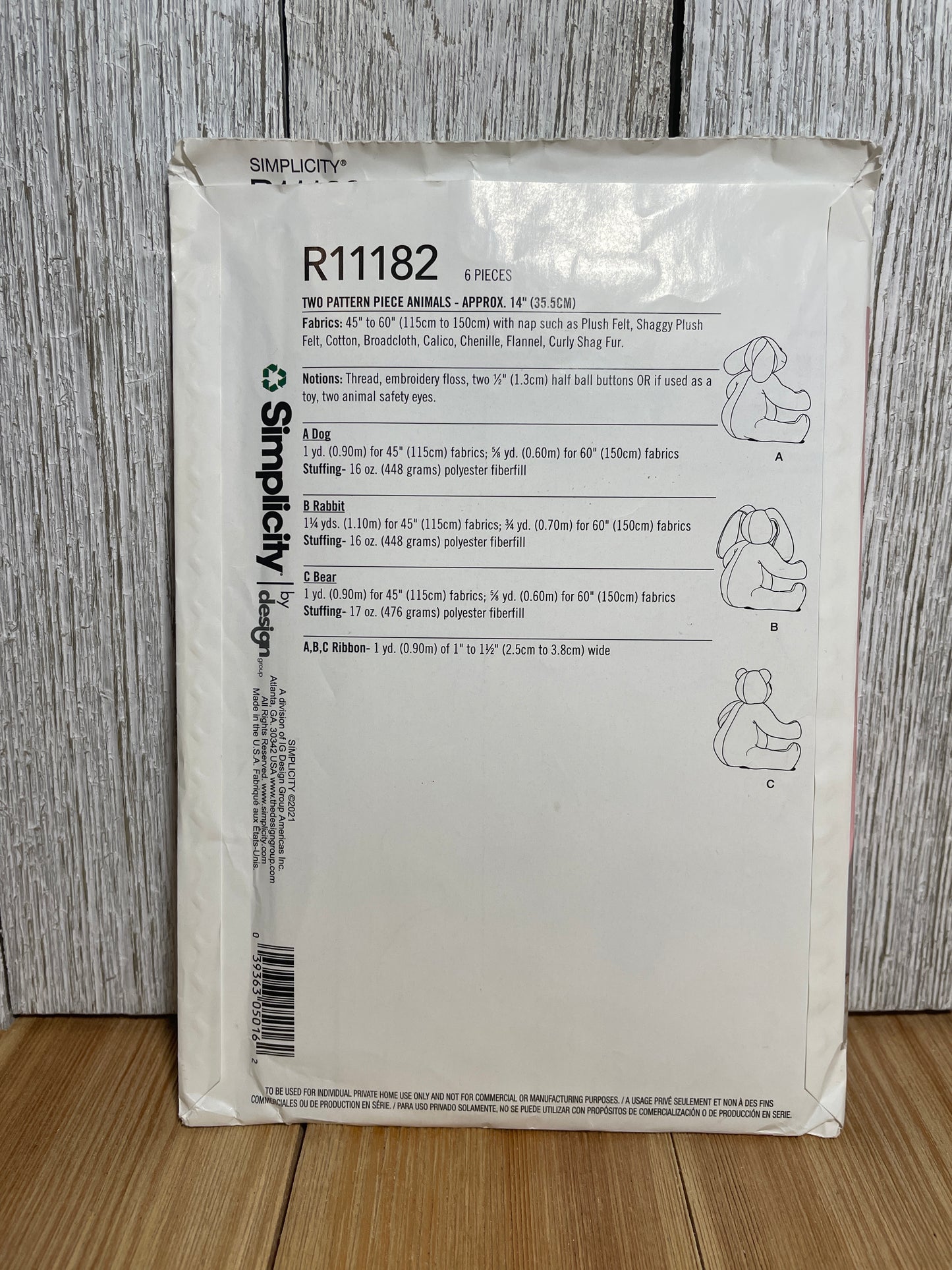 Simplicity R11182 Stuffed Bunny, Bear, Dog Pattern Size 14" Tall Plush Animals Pattern UNCUT FF