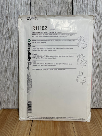 Simplicity R11182 Stuffed Bunny, Bear, Dog Pattern Size 14" Tall Plush Animals Pattern UNCUT FF