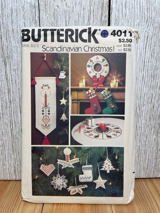 Butterick 4011 Scandinavian Christmas Table Runner, Stocking, Ornament Pattern with Transfers UNCUT FF