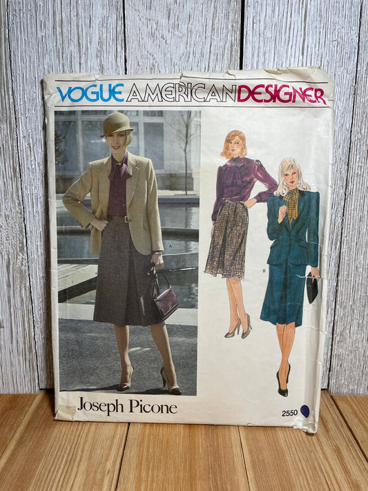 Vogue 2550 Shoulder Pads Jacket, Bow Tied Shirt, Pleated Skirt Size 12 Pattern UNCUT FF