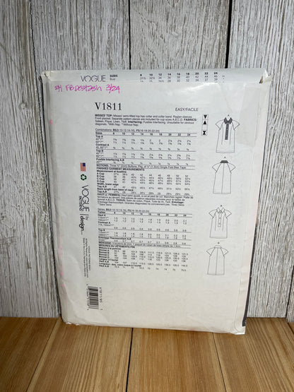 Vogue V1811 Collared Button Down Shirt with Flare Bottom. Raglan Sleeves Size 8-16 Pattern UNCUT FF