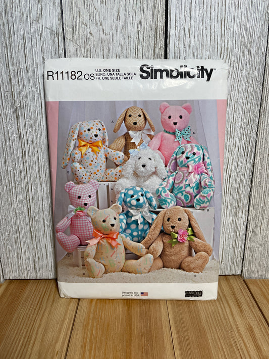 Simplicity R11182 Stuffed Bunny, Bear, Dog Pattern Size 14" Tall Plush Animals Pattern UNCUT FF