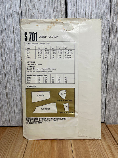 Sew Lovely Ladies Full Slip S701 Pattern Size 32-38 Vintage 1970 Cut Complete